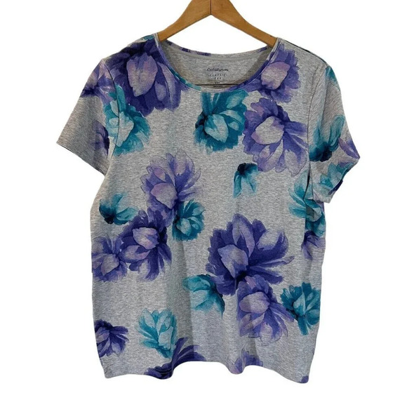 Croft & Barrow Watercolor Floral Classic Tee Plus XXl Gray Blue Purple Knit Top - Picture 1 of 4